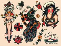 Hearts and Sparrows, Authentic Vintage Tatooo Flash by Norman Collins, aka, Sailor Jerry-Piddix-Art Print