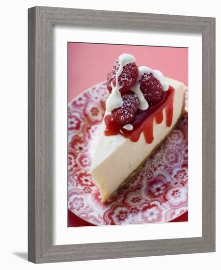 Piece of Cheesecake with Raspberries and Cream-null-Framed Photographic Print