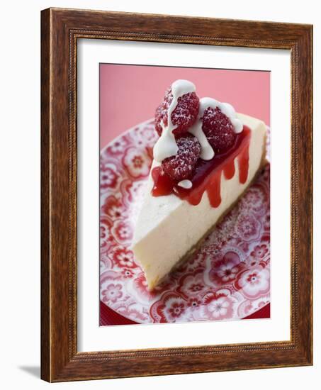 Piece of Cheesecake with Raspberries and Cream-null-Framed Photographic Print