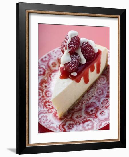 Piece of Cheesecake with Raspberries and Cream-null-Framed Photographic Print