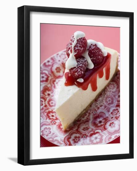 Piece of Cheesecake with Raspberries and Cream-null-Framed Photographic Print