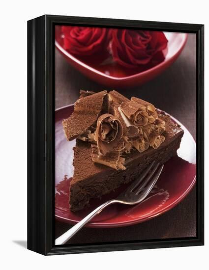 Piece of Chocolate Cake with Chocolate Curls, Red Roses-null-Framed Premier Image Canvas