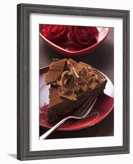 Piece of Chocolate Cake with Chocolate Curls, Red Roses-null-Framed Photographic Print