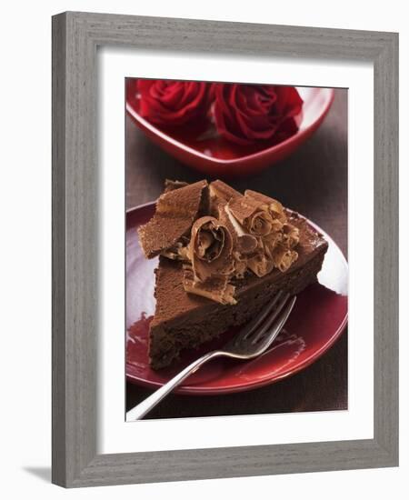 Piece of Chocolate Cake with Chocolate Curls, Red Roses-null-Framed Photographic Print