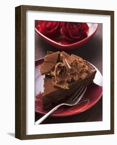 Piece of Chocolate Cake with Chocolate Curls, Red Roses-null-Framed Photographic Print