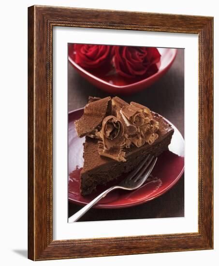 Piece of Chocolate Cake with Chocolate Curls, Red Roses-null-Framed Photographic Print