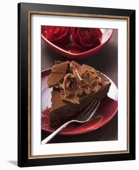 Piece of Chocolate Cake with Chocolate Curls, Red Roses-null-Framed Photographic Print