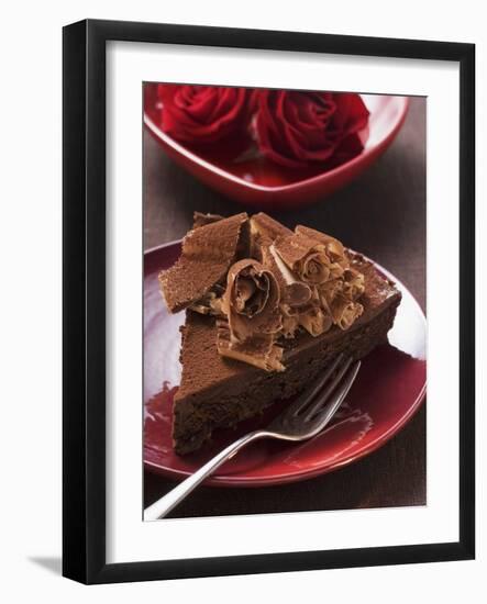 Piece of Chocolate Cake with Chocolate Curls, Red Roses-null-Framed Photographic Print