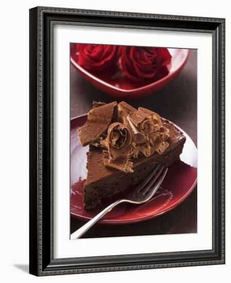 Piece of Chocolate Cake with Chocolate Curls, Red Roses-null-Framed Photographic Print