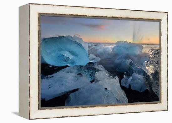 Pieces of glacial ice over black sand being washed by waves, Iceland-Raul Touzon-Framed Premier Image Canvas