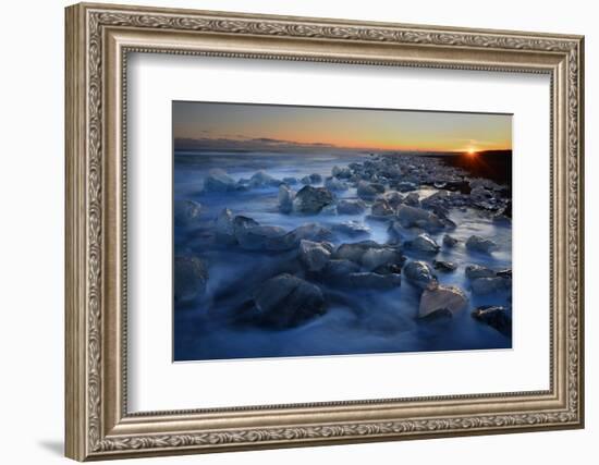 Pieces of glacial ice over black sand being washed by waves, Iceland-Raul Touzon-Framed Photographic Print