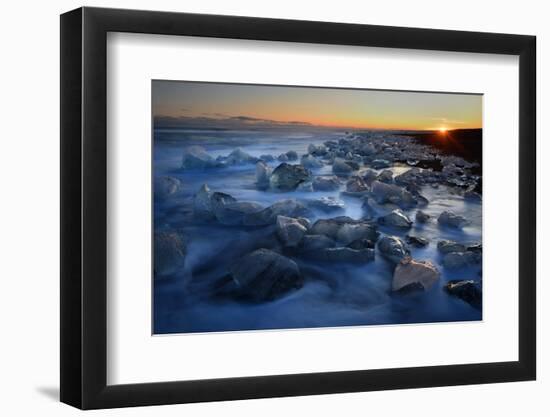 Pieces of glacial ice over black sand being washed by waves, Iceland-Raul Touzon-Framed Photographic Print