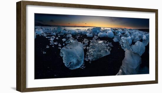 Pieces of glacial ice over black sand being washed by waves, Iceland-Raul Touzon-Framed Photographic Print