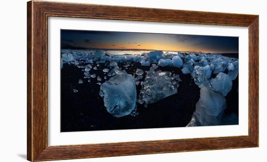 Pieces of glacial ice over black sand being washed by waves, Iceland-Raul Touzon-Framed Photographic Print