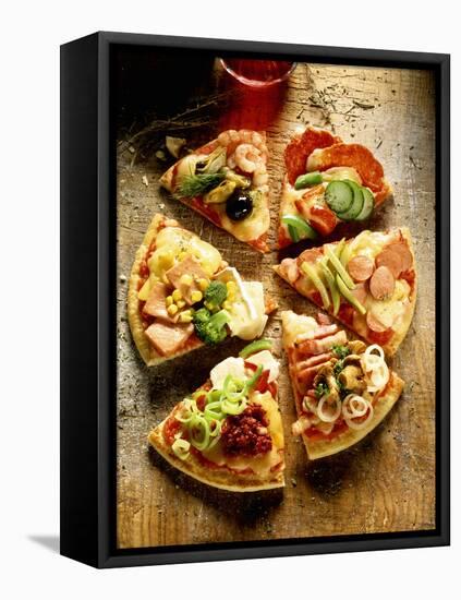 Pieces of Pizza with Different Toppings, on Wooden Background-null-Framed Premier Image Canvas