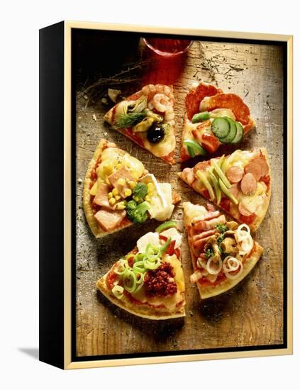 Pieces of Pizza with Different Toppings, on Wooden Background-null-Framed Premier Image Canvas