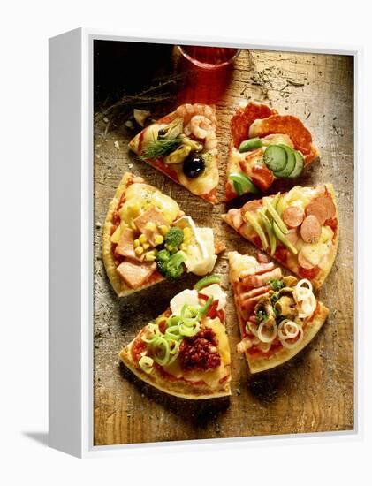 Pieces of Pizza with Different Toppings, on Wooden Background-null-Framed Premier Image Canvas