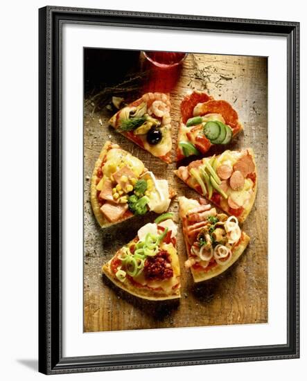 Pieces of Pizza with Different Toppings, on Wooden Background-null-Framed Photographic Print