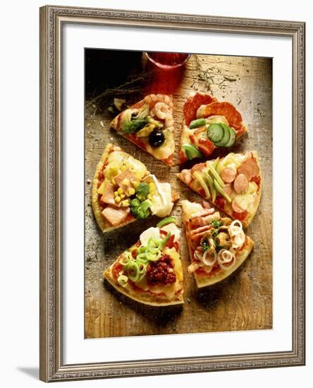 Pieces of Pizza with Different Toppings, on Wooden Background-null-Framed Photographic Print