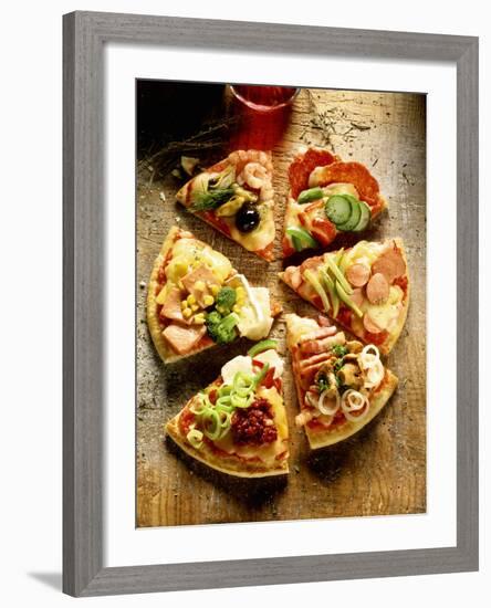 Pieces of Pizza with Different Toppings, on Wooden Background-null-Framed Photographic Print