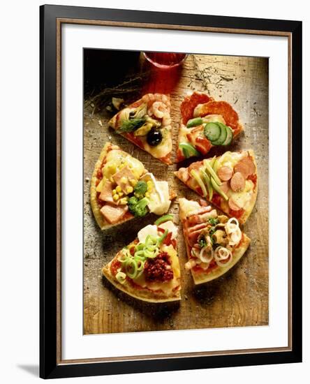 Pieces of Pizza with Different Toppings, on Wooden Background-null-Framed Photographic Print