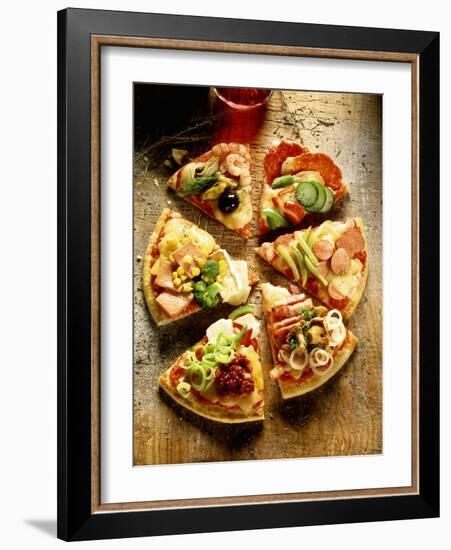 Pieces of Pizza with Different Toppings, on Wooden Background-null-Framed Photographic Print