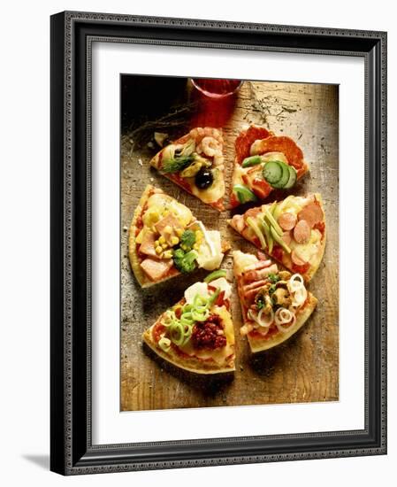 Pieces of Pizza with Different Toppings, on Wooden Background-null-Framed Photographic Print