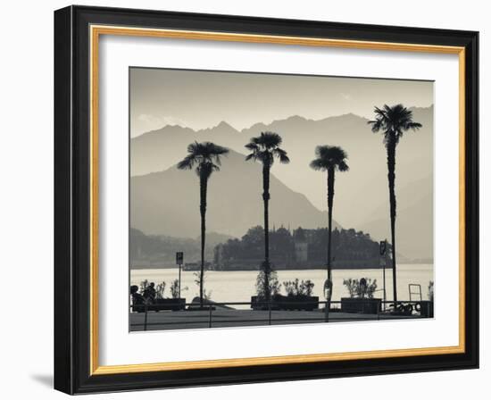 Piedmont, Lake Maggiore, Borromean Islands, Stresa, Lakefront Palms with Isola Bella, Italy-Walter Bibikow-Framed Photographic Print