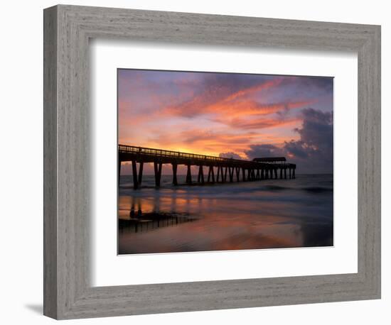 Pier at Sunrise with Reflections of Clouds on Beach, Tybee Island, Georgia, USA-Joanne Wells-Framed Photographic Print