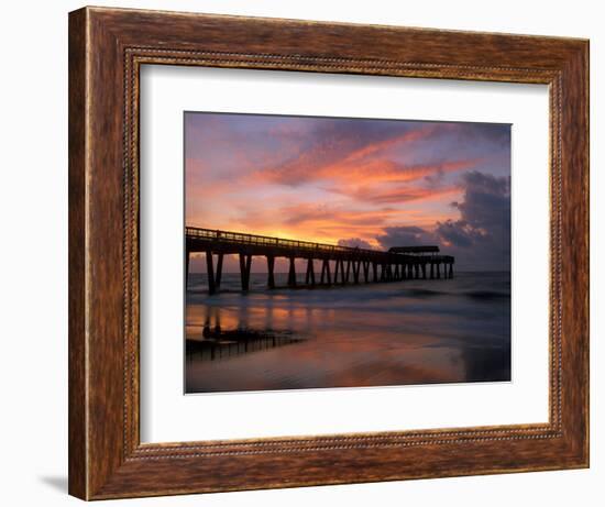 Pier at Sunrise with Reflections of Clouds on Beach, Tybee Island, Georgia, USA-Joanne Wells-Framed Photographic Print