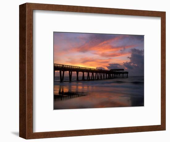Pier at Sunrise with Reflections of Clouds on Beach, Tybee Island, Georgia, USA-Joanne Wells-Framed Photographic Print