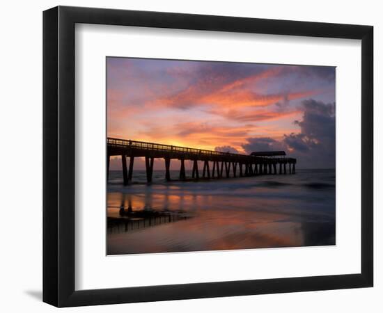 Pier at Sunrise with Reflections of Clouds on Beach, Tybee Island, Georgia, USA-Joanne Wells-Framed Photographic Print