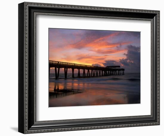 Pier at Sunrise with Reflections of Clouds on Beach, Tybee Island, Georgia, USA-Joanne Wells-Framed Photographic Print