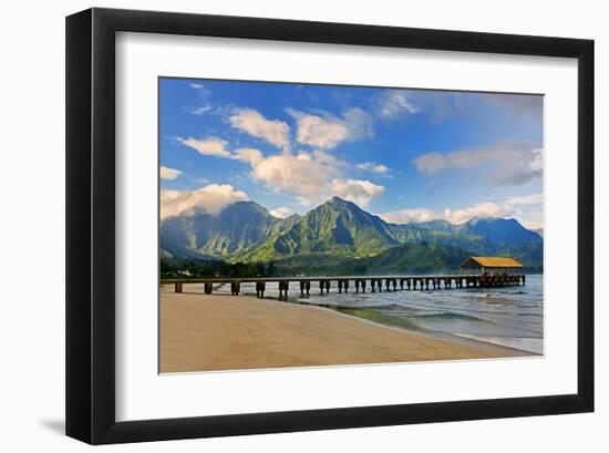 Pier on Hanalei Beach, Island of Kauai, Hawaii, USA-null-Framed Art Print