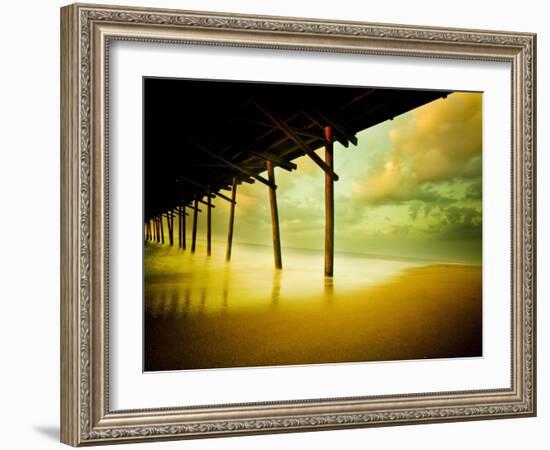 Pier over Calm Waters and Golden Sand-Jan Lakey-Framed Photographic Print