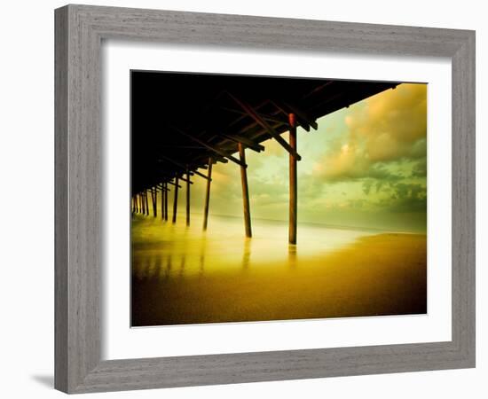 Pier over Calm Waters and Golden Sand-Jan Lakey-Framed Photographic Print