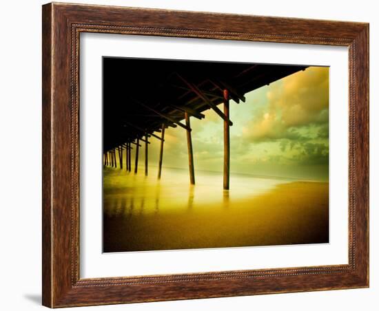 Pier over Calm Waters and Golden Sand-Jan Lakey-Framed Photographic Print