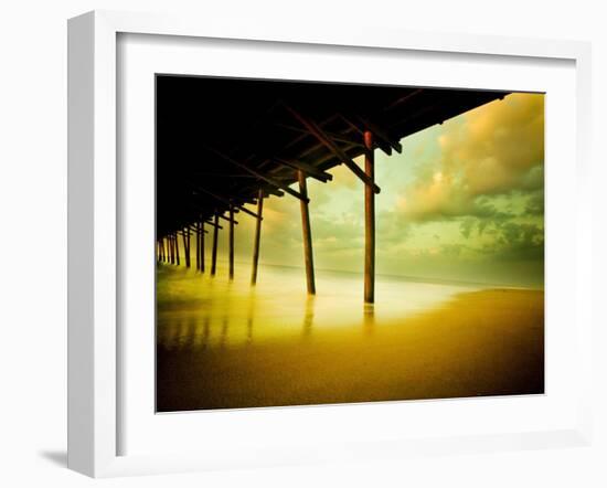 Pier over Calm Waters and Golden Sand-Jan Lakey-Framed Photographic Print