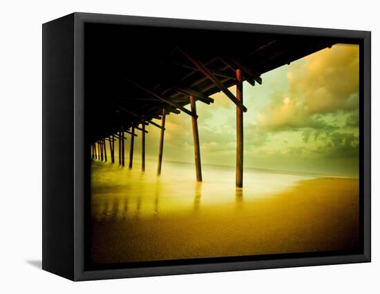 Pier over Calm Waters and Golden Sand-Jan Lakey-Framed Premier Image Canvas