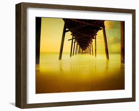 Pier over Golden Sand and Water-Jan Lakey-Framed Photographic Print