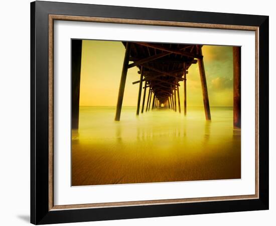 Pier over Golden Sand and Water-Jan Lakey-Framed Photographic Print