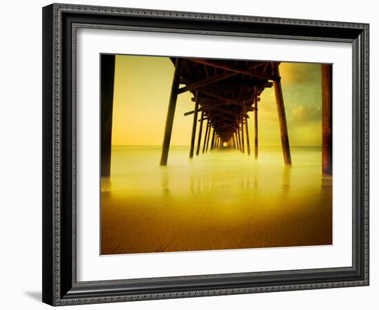 Pier over Golden Sand and Water-Jan Lakey-Framed Photographic Print