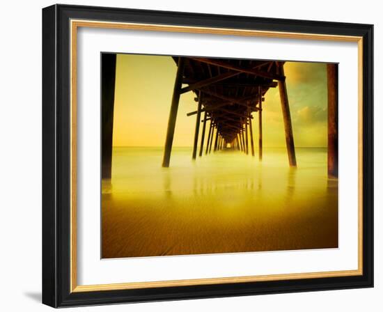 Pier over Golden Sand and Water-Jan Lakey-Framed Photographic Print