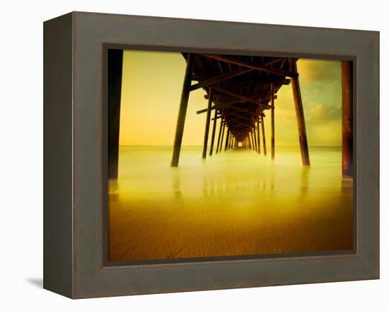 Pier over Golden Sand and Water-Jan Lakey-Framed Premier Image Canvas