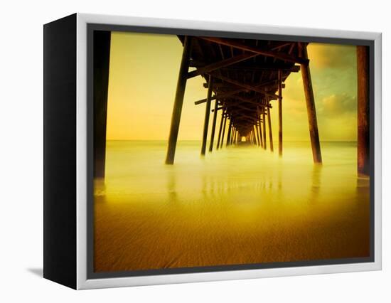 Pier over Golden Sand and Water-Jan Lakey-Framed Premier Image Canvas