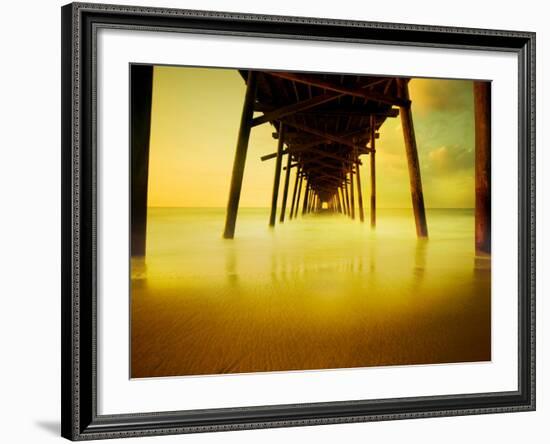 Pier over Golden Sand and Water-Jan Lakey-Framed Photographic Print