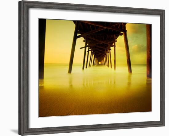 Pier over Golden Sand and Water-Jan Lakey-Framed Photographic Print