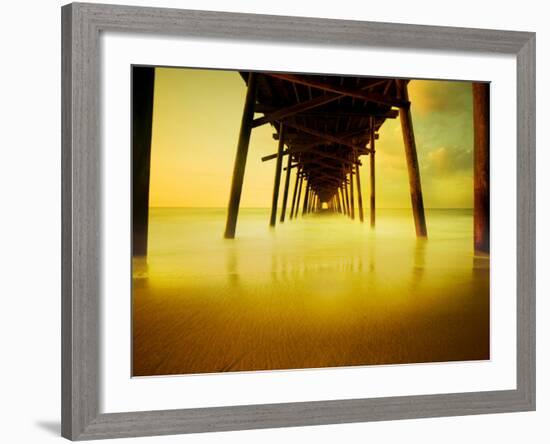 Pier over Golden Sand and Water-Jan Lakey-Framed Photographic Print