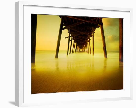 Pier over Golden Sand and Water-Jan Lakey-Framed Photographic Print