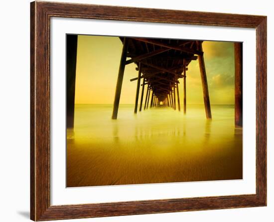 Pier over Golden Sand and Water-Jan Lakey-Framed Photographic Print